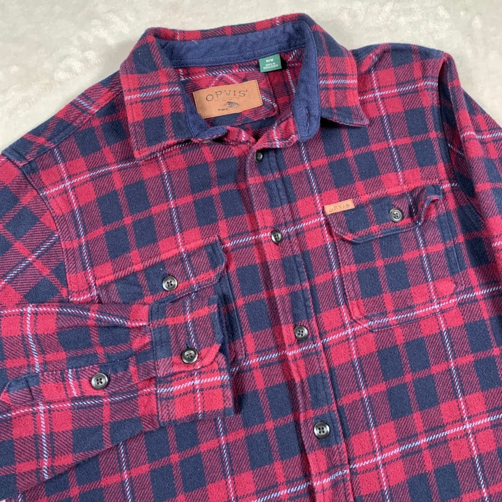 Orvis Flannel Shirt Men Medium Red Blue Plaid Button Up Long Sleeve Cotton Heavy